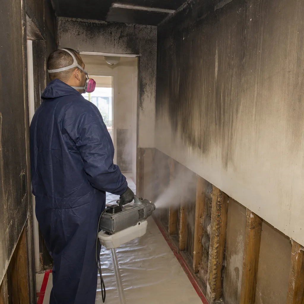 Fire damage restoration specialist using a fogger on charred interior walls