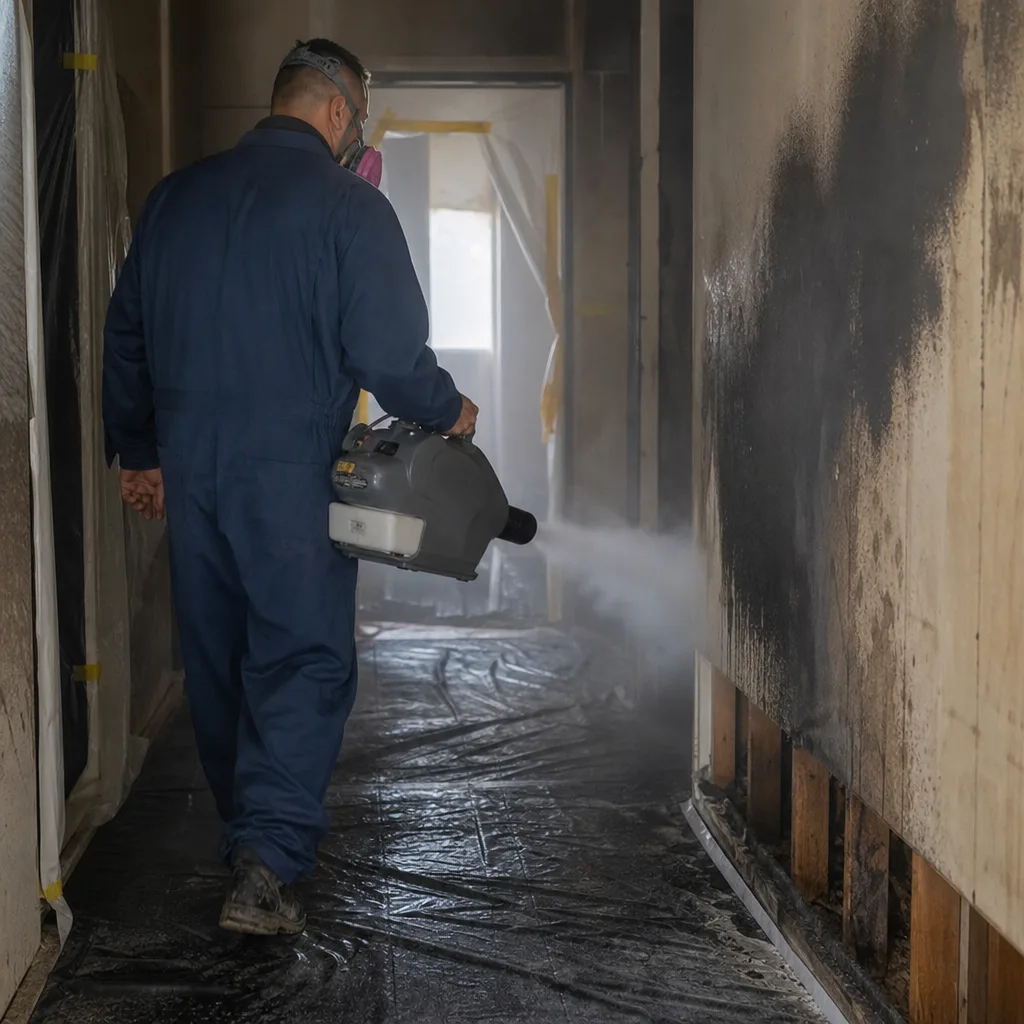 Professional technician performing fire damage restoration with a thermal fogging machine
