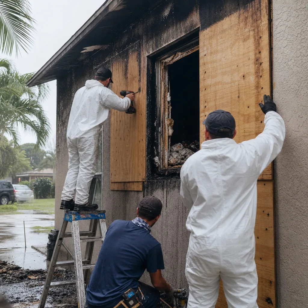 Professional crew performing emergency fire damage restoration and board-up services.