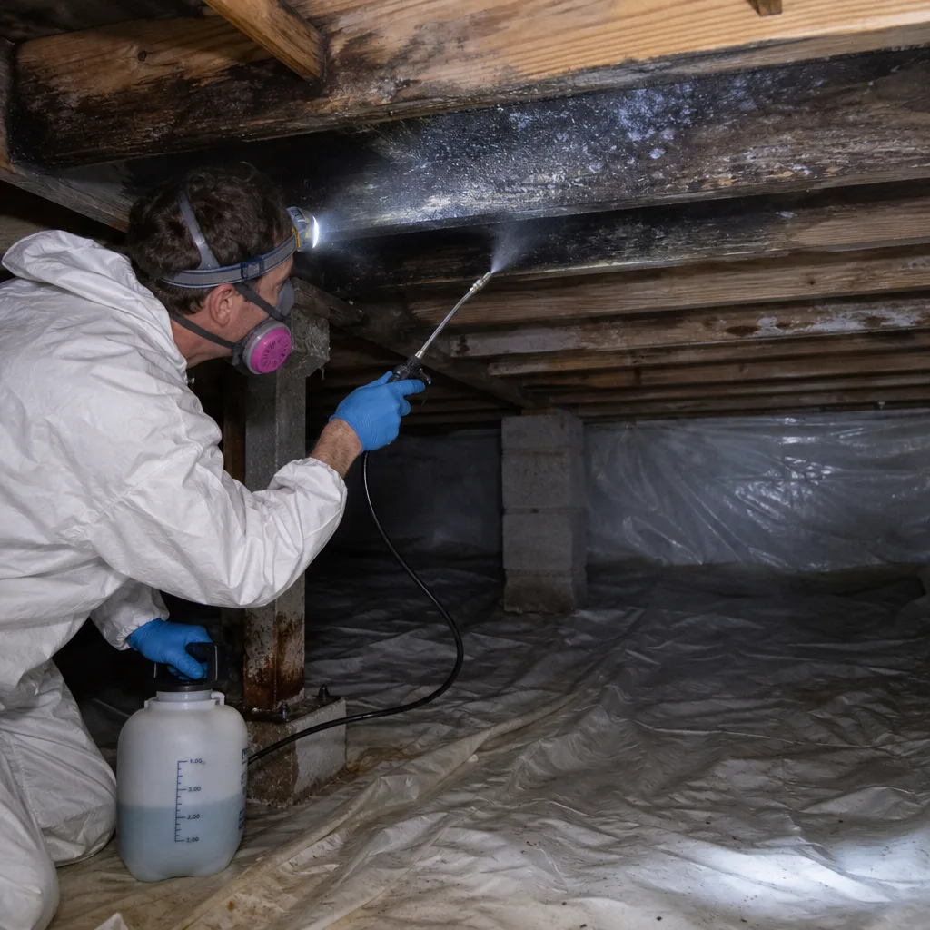 Technician in protective gear performing professional mold remediation in a crawl space