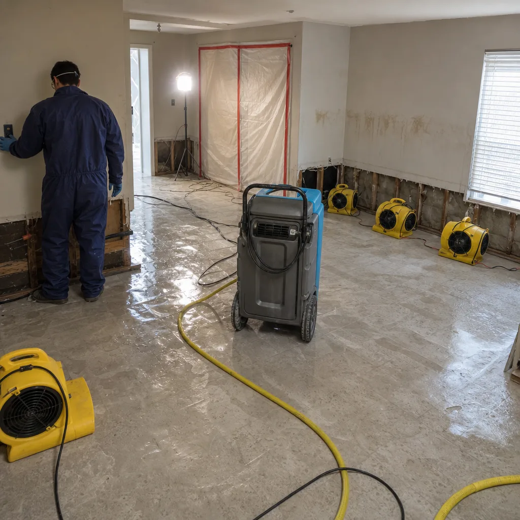 Water damage restoration technician using industrial drying equipment in a residential room