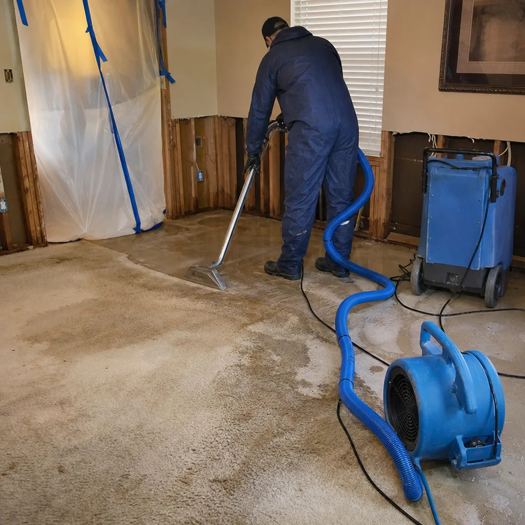 Technician using industrial carpet extraction tool for professional water damage restoration